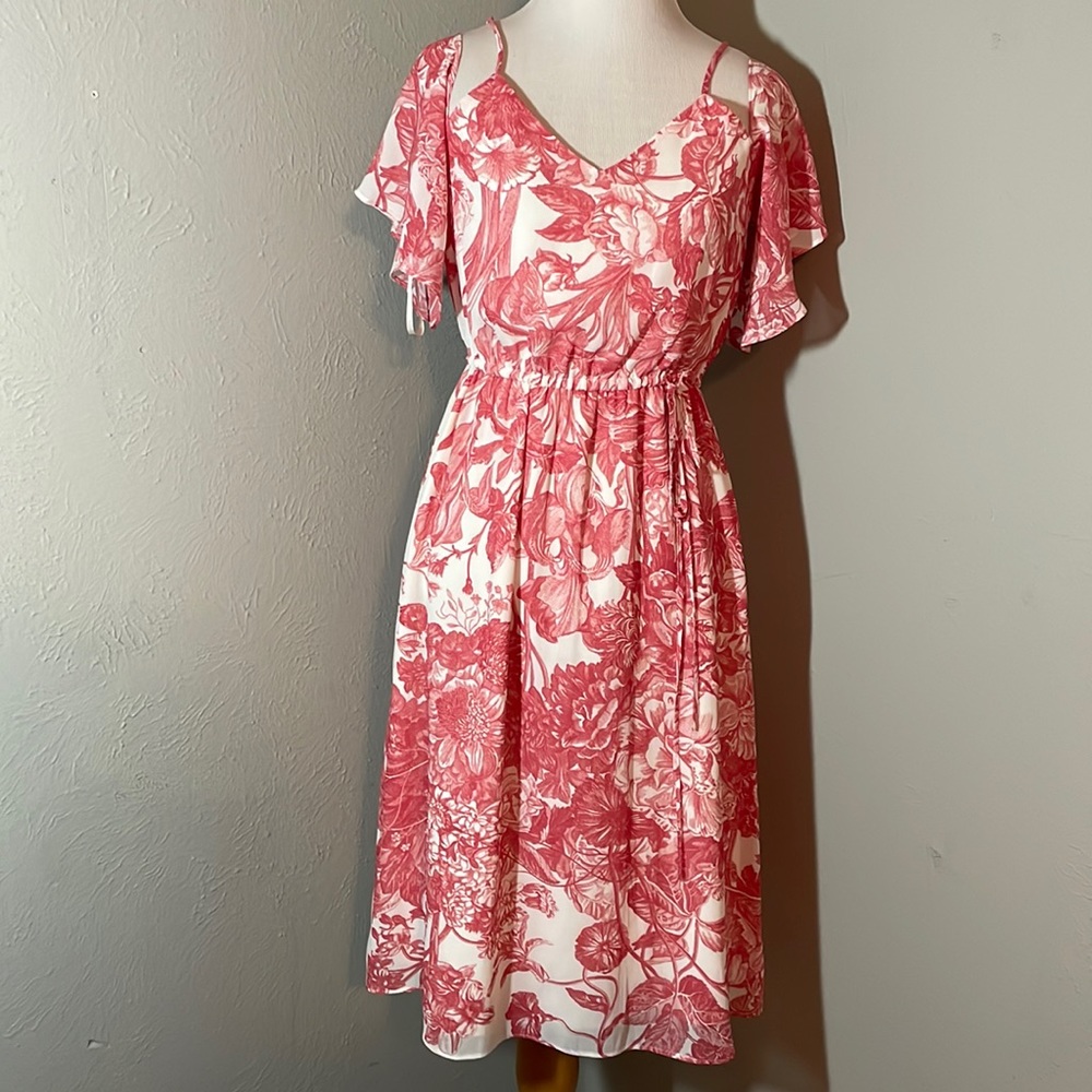 Ann Taylor LOFT Cold Shoulder Pink & White Toile Printed Dress